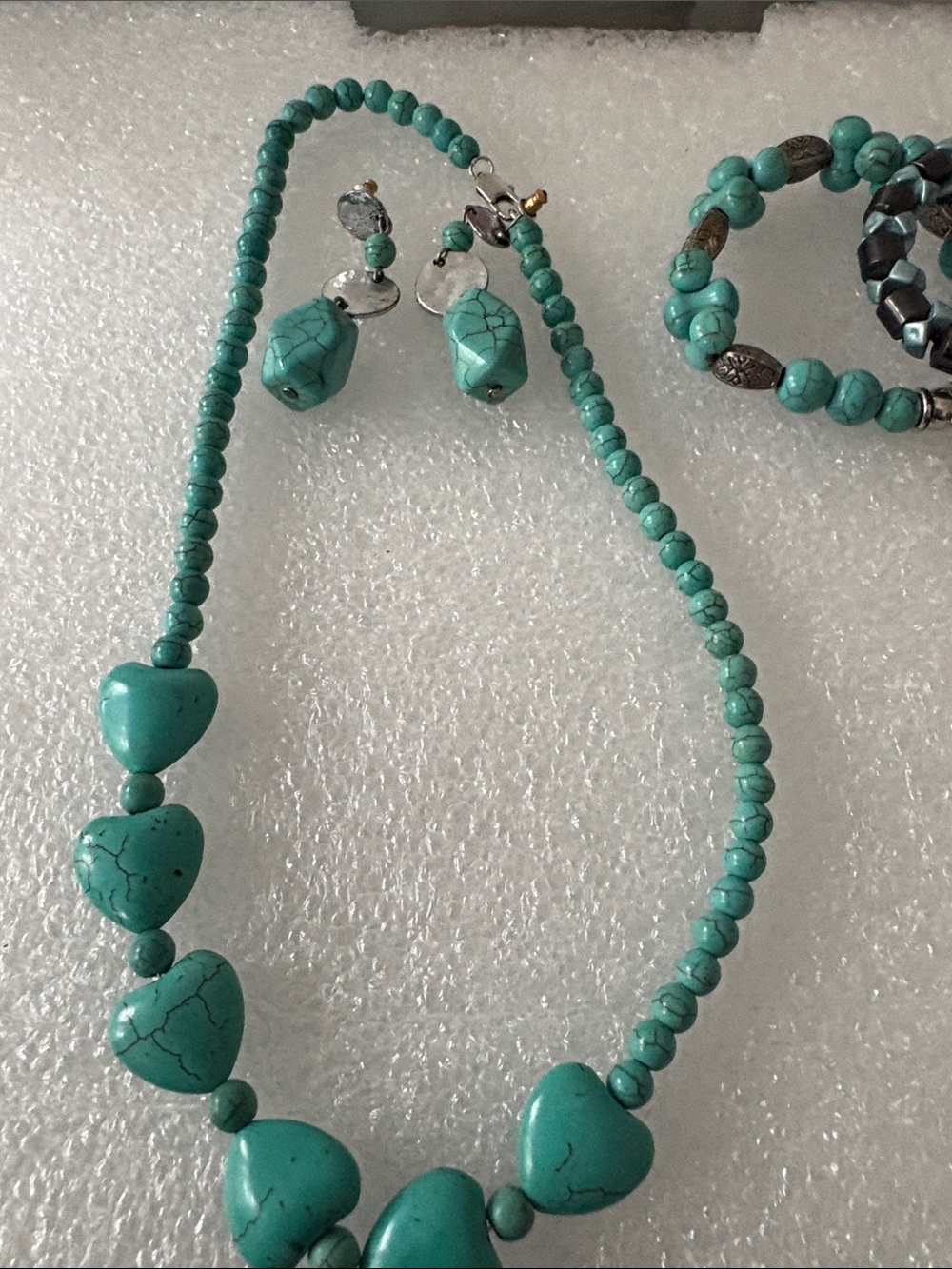 Turquoise Heart Bead Necklace and Earring Set - Teal Blue Women’s Jewelry
